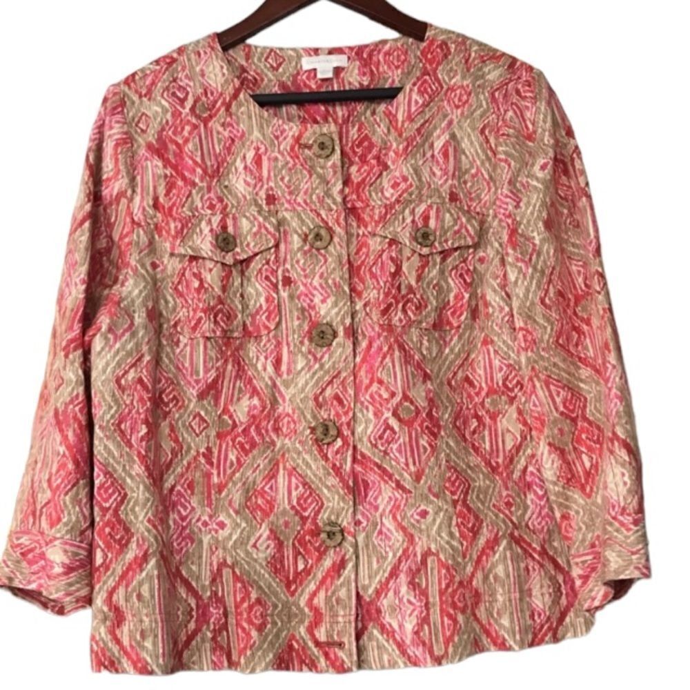 Charter Club pink and taupe three quarter sleeve linen casual jacket size large
